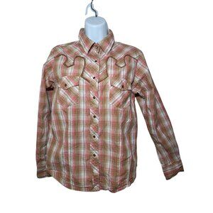 Back In The Saddle Women's Pearl Snap Plaid Cowgirl Western Tan Pink LS Top M